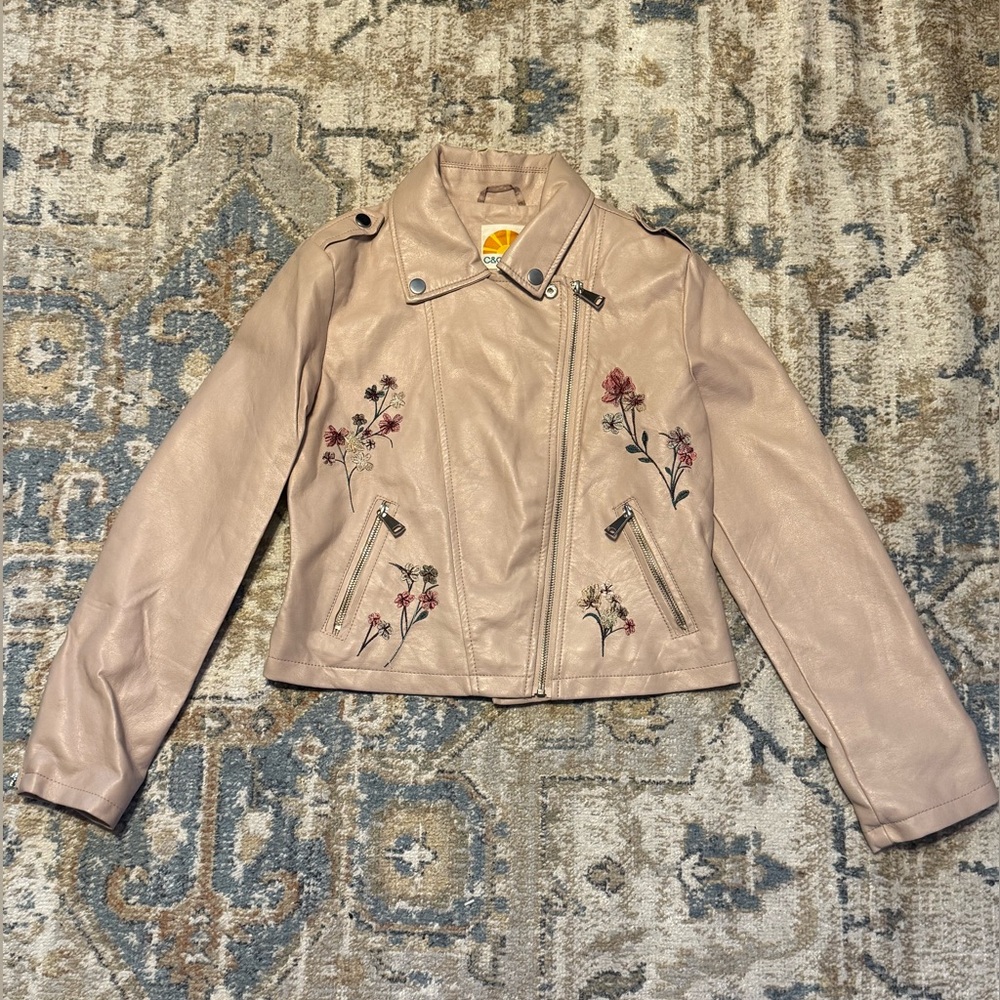 C&C California Pink Floral Pleather Jacket SZ  14 Girls